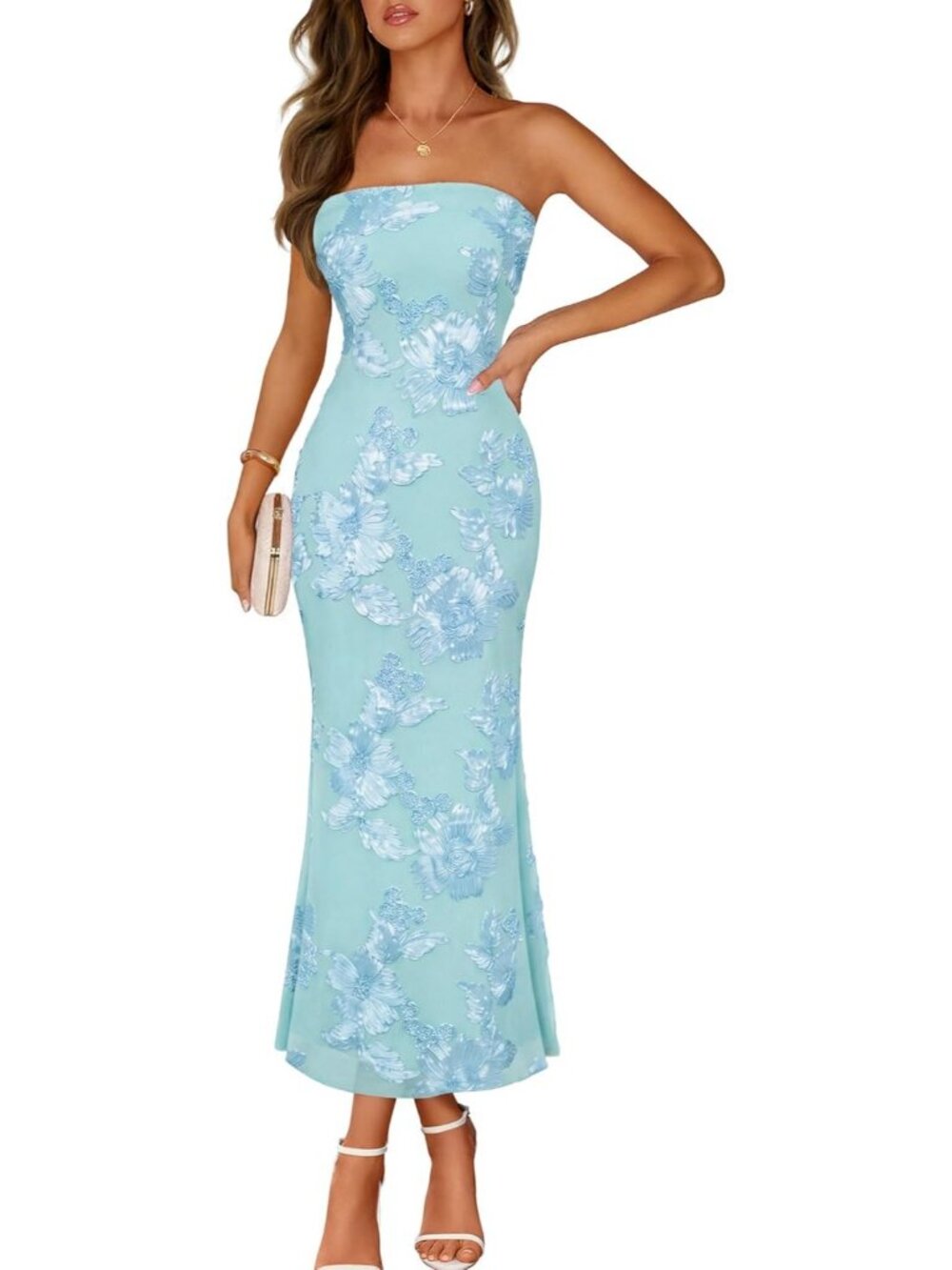 Women's Floral Strapless Maxi Dress Light Blue Summer Mesh Bodycon Formal Dress